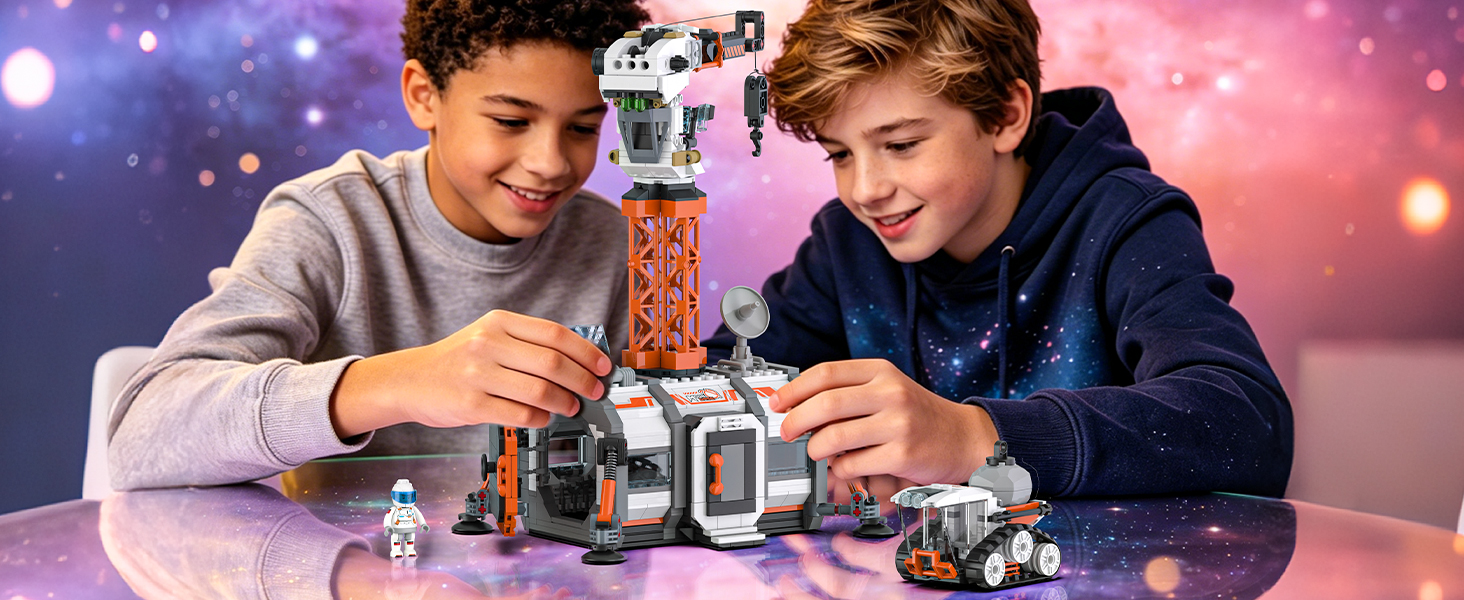 Space base building set with tower crane, rover, space station, and astronaut figures