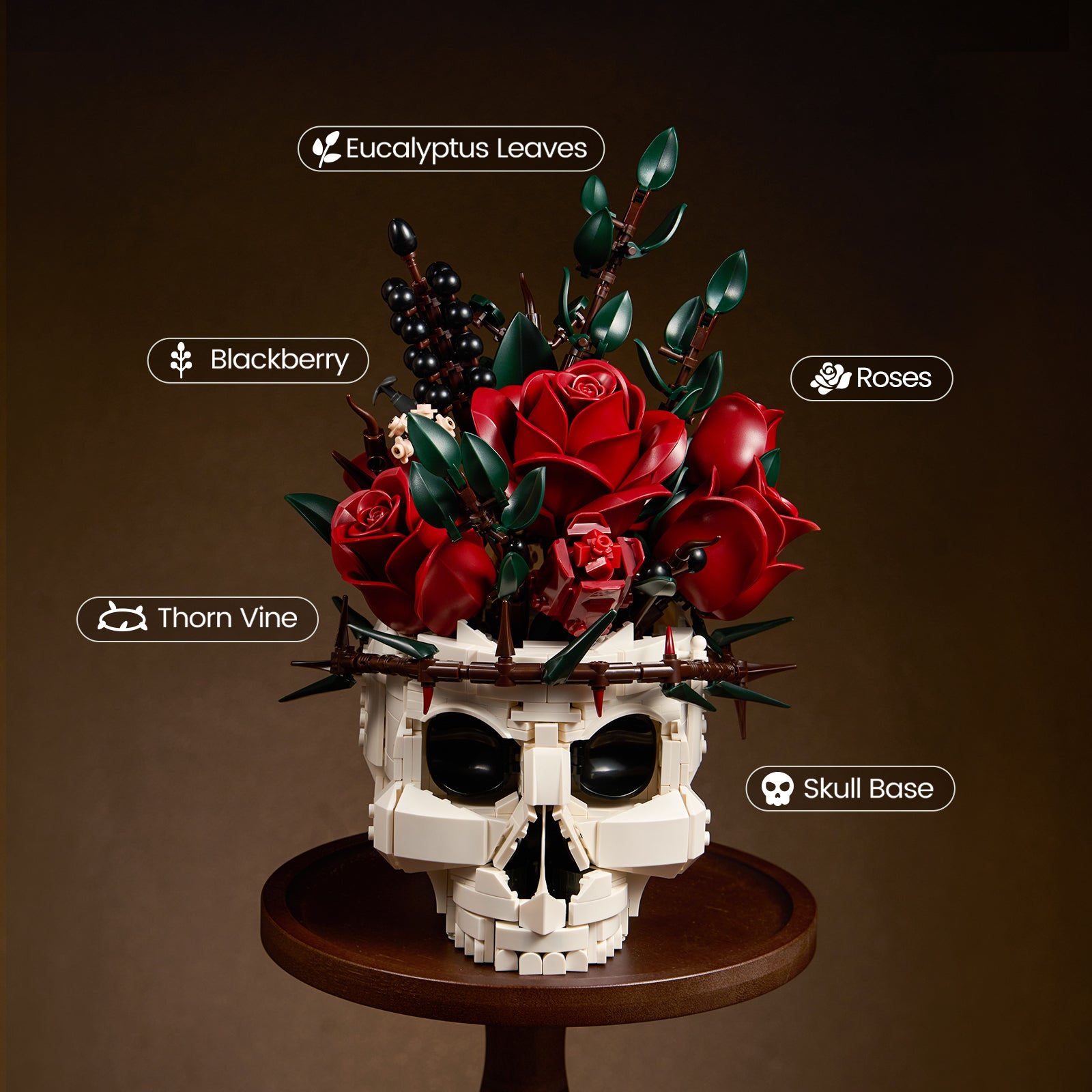 Gothic Skull Red Rose Bouquet Building Block Set