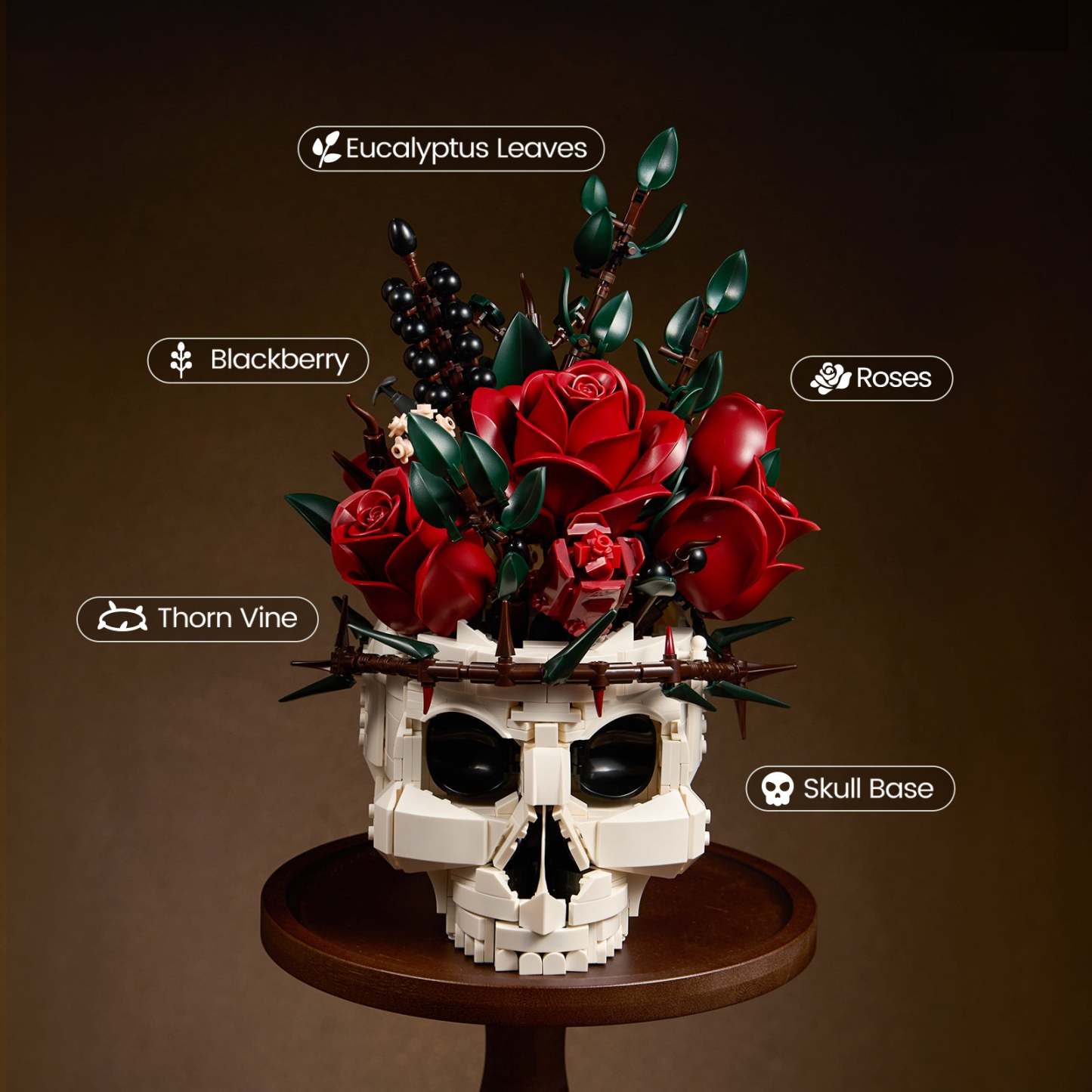 Gothic Skull Red Rose Bouquet Building Block Set