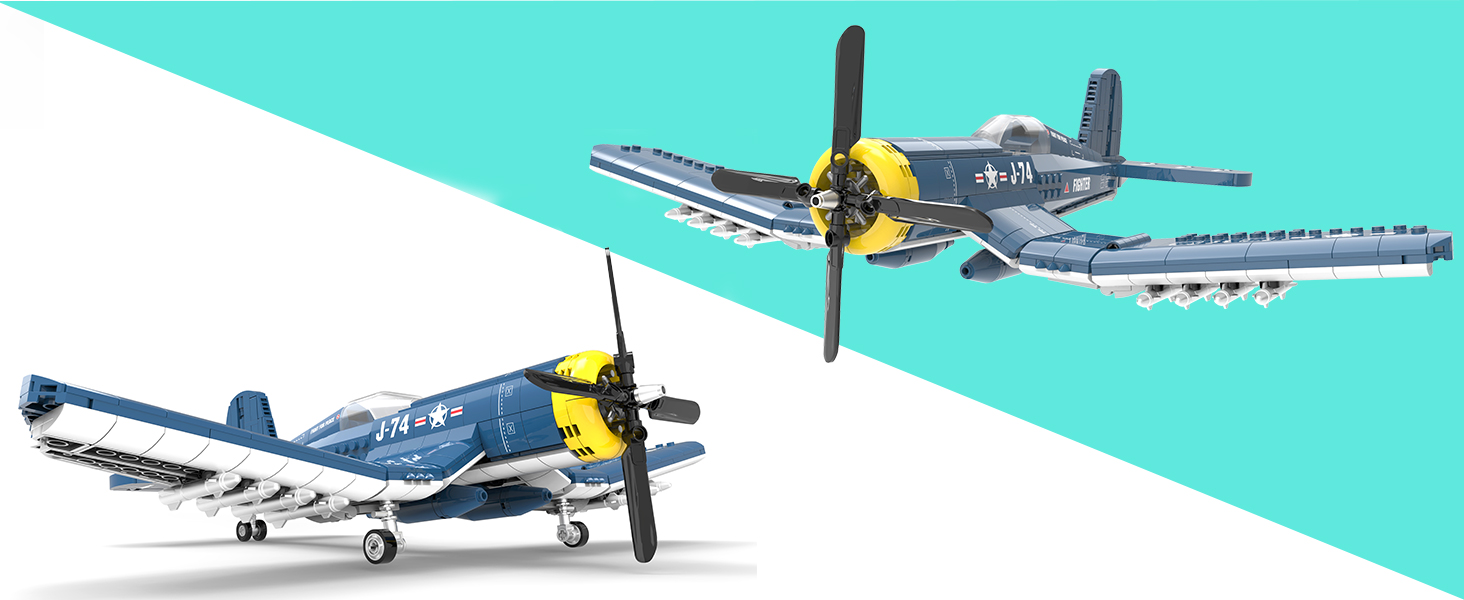 Assembled F4U Corsair aircraft building block model for display and collection