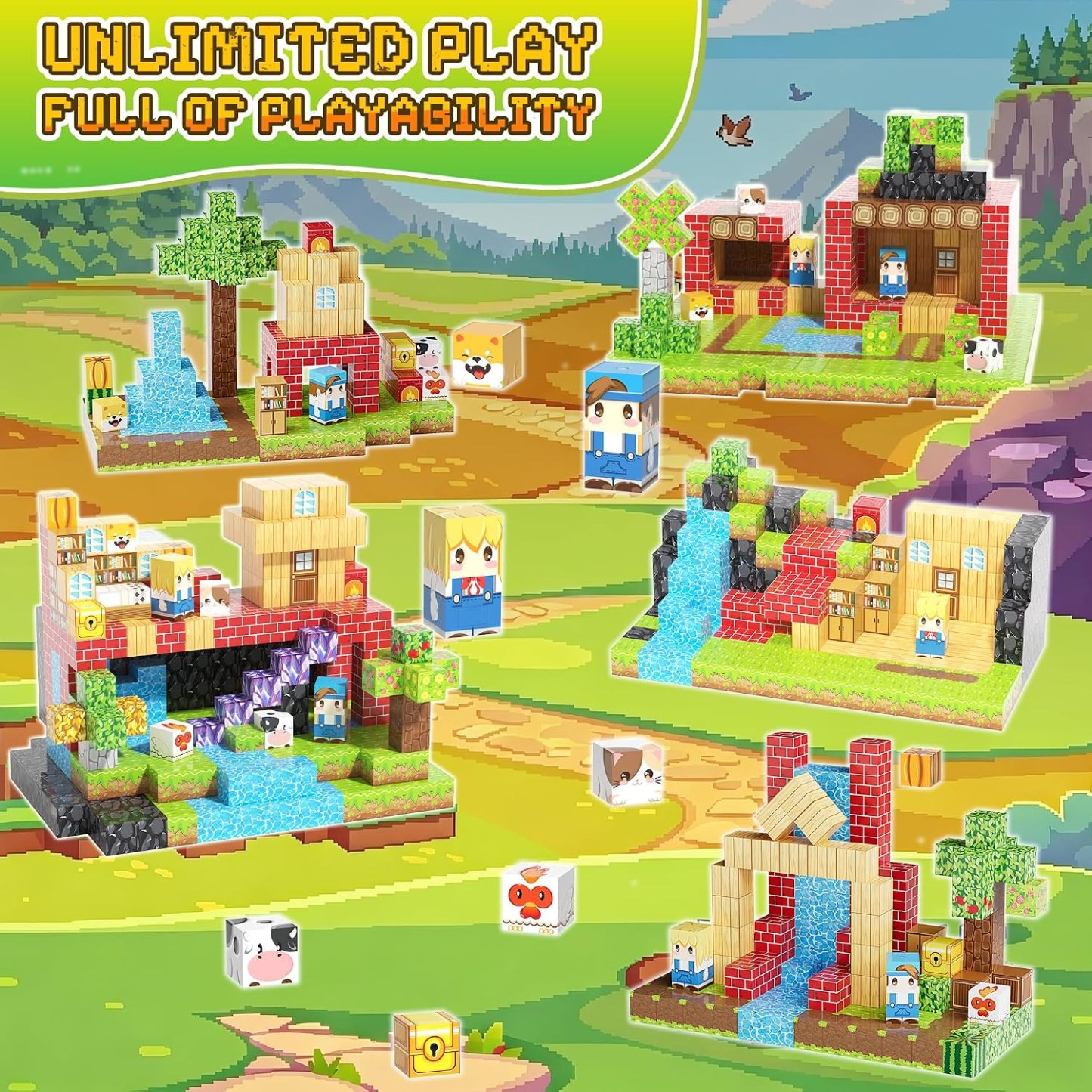 Pixel-Style Magnetic Building Blocks – Forest, Snow Castle & Underworld