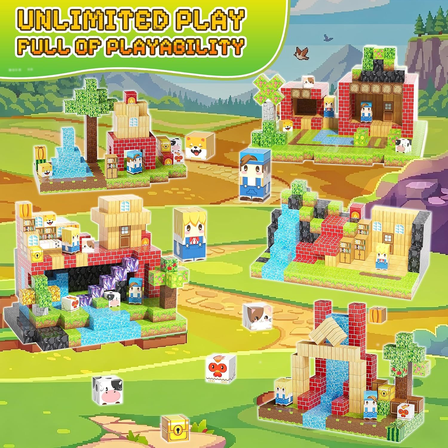 Pixel-Style Magnetic Building Blocks – Forest, Snow Castle & Underworld