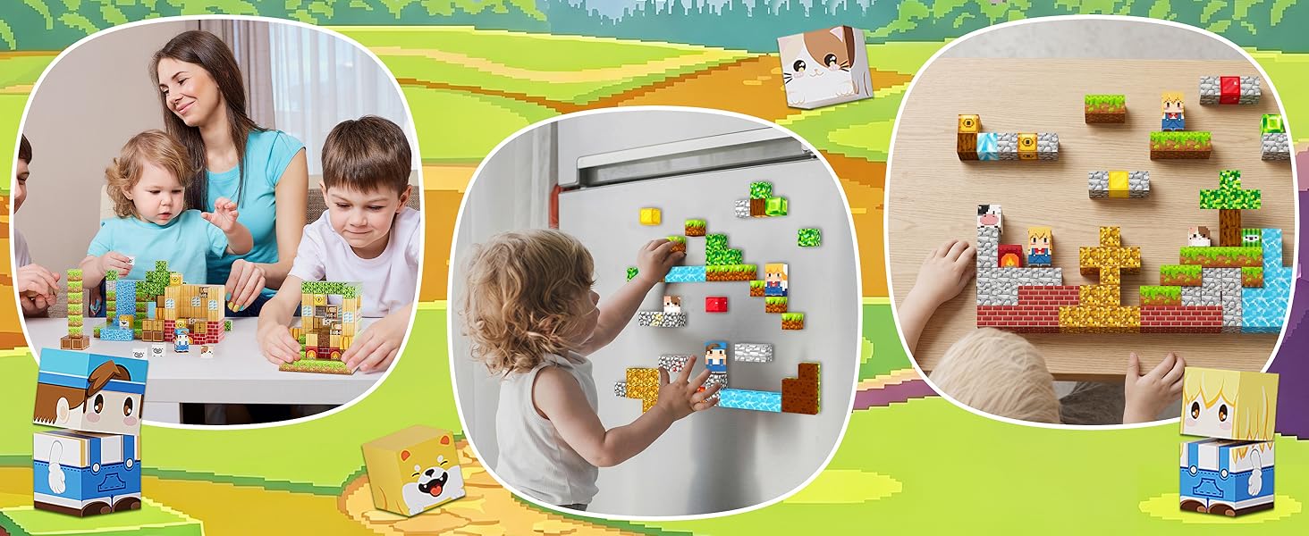 Adults and children exploring creative building activities with magnetic blocks