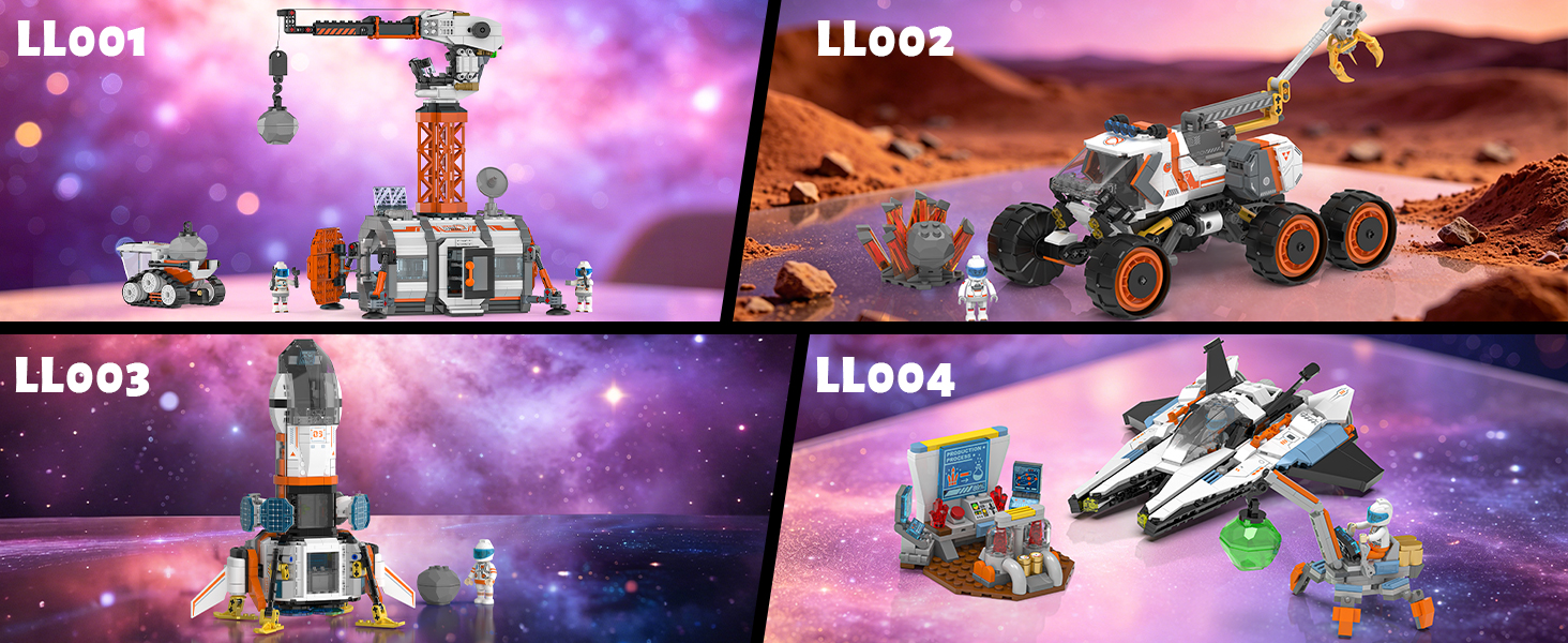 Space exploration building set collection with space base, rover, rocket, and spaceship models