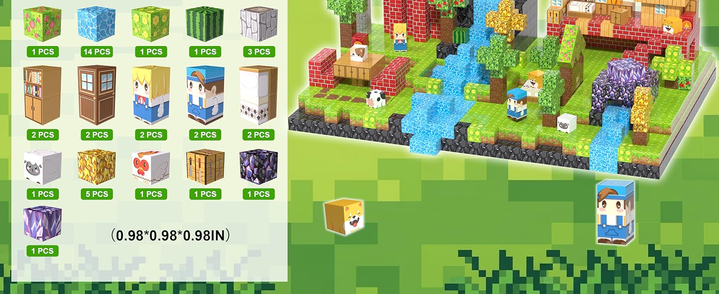 Illustrated block designs, dimensions and contents shown for a 150-piece magnetic building block option