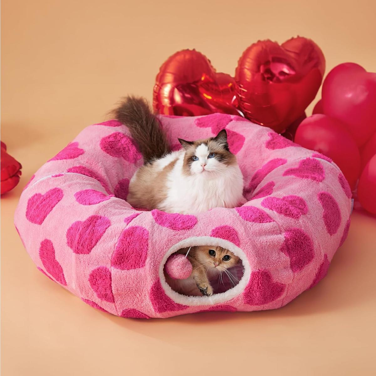 Cozy Washable Cat Tunnel Bed with Cushion - Foldable Pet Play & Sleep Cave-北京欧布科技有限公司