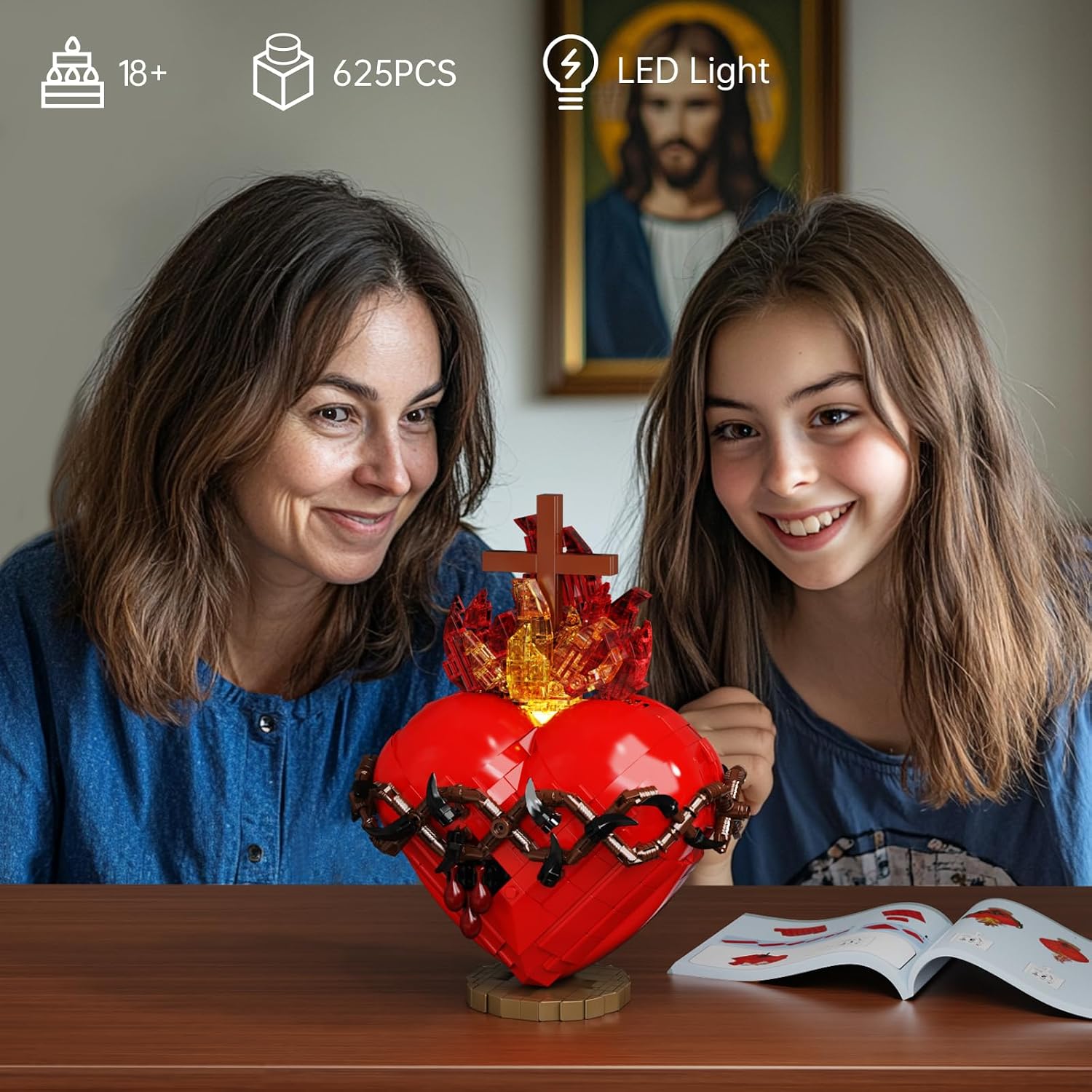 Millionspring Sacred Heart of Jesus Building Block Set with LED Light,Jesus Heart Toy Model,Home Chapel Decor Easter Gifts for Kids,Adults(625PCS)