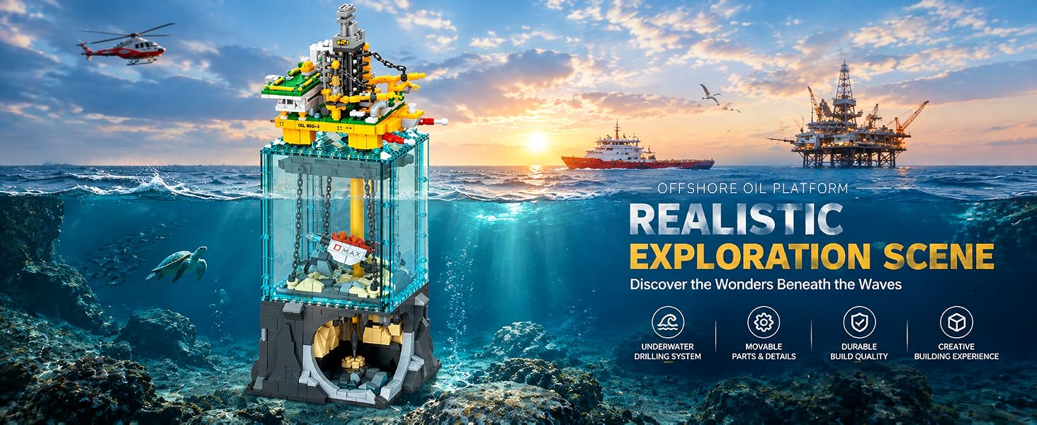 Drilling platform building model displayed in an illustrated ocean scene with its subsea structure visible