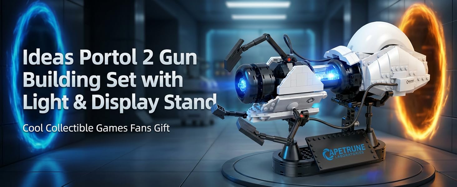 Portal-style sci-fi gun building set with LED light and display stand for adult collectors