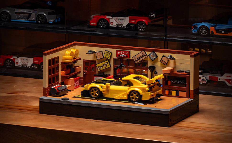 Retro garage building set for 8-stud car model display with detailed mechanic workshop scene