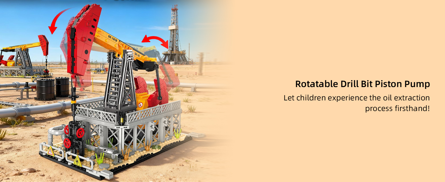 Red and yellow pumpjack arm detail on the oil pump jack building set