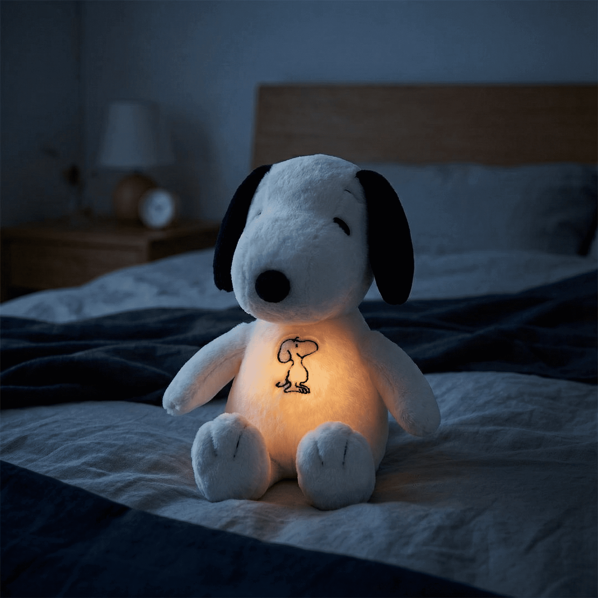 Breathing Snoopy plush displayed upright for a quiet evening activity