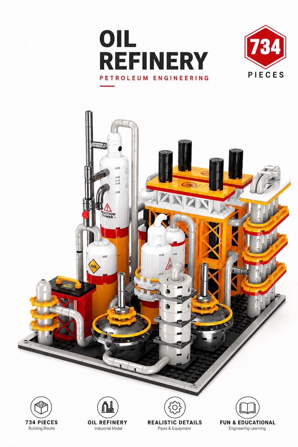 734-piece modular oil refinery building block set with printed instructions
