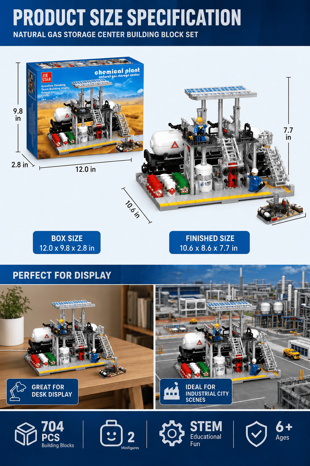 Natural gas storage center building set with LNG storage tank, pipework, stairs, solar canopy, worker figures and safety barrels