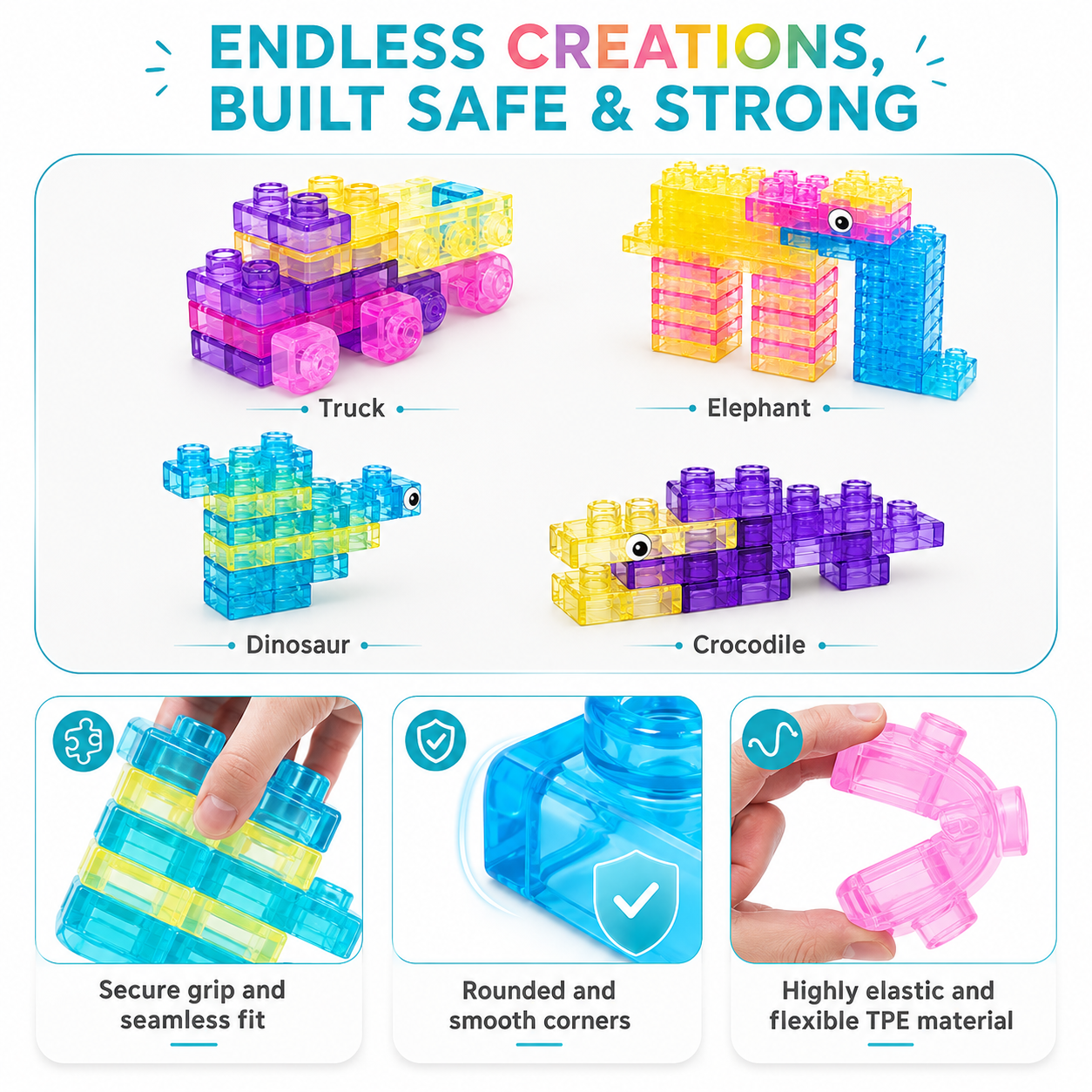 Toddler stacking soft jelly building blocks on a wooden table