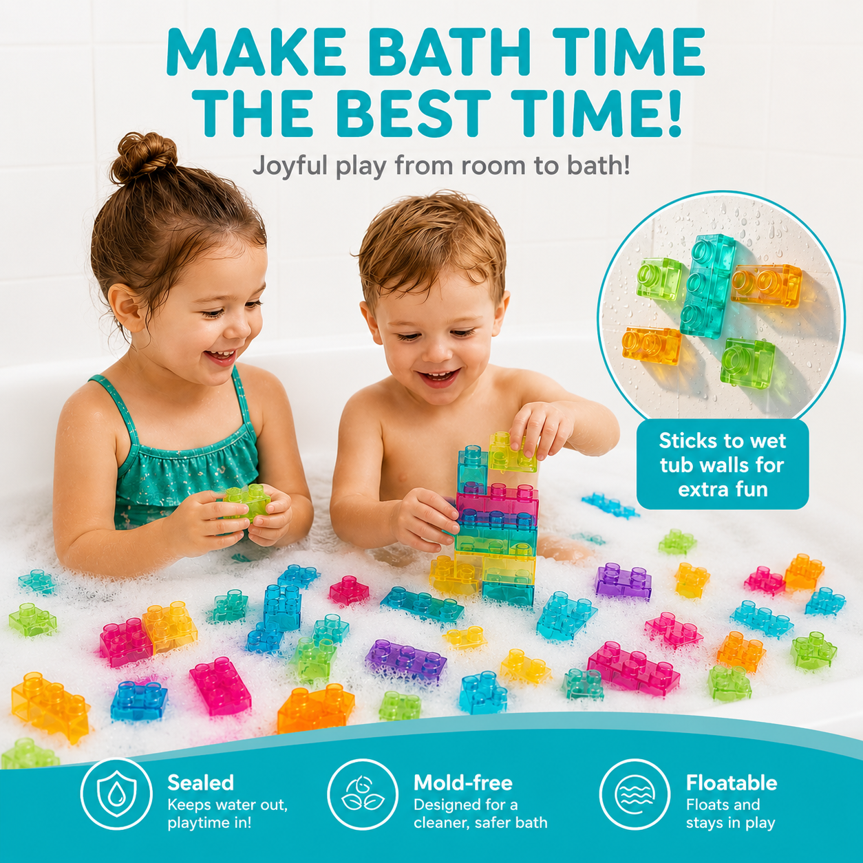 Colorful soft jelly building blocks attached to a wet bathtub wall