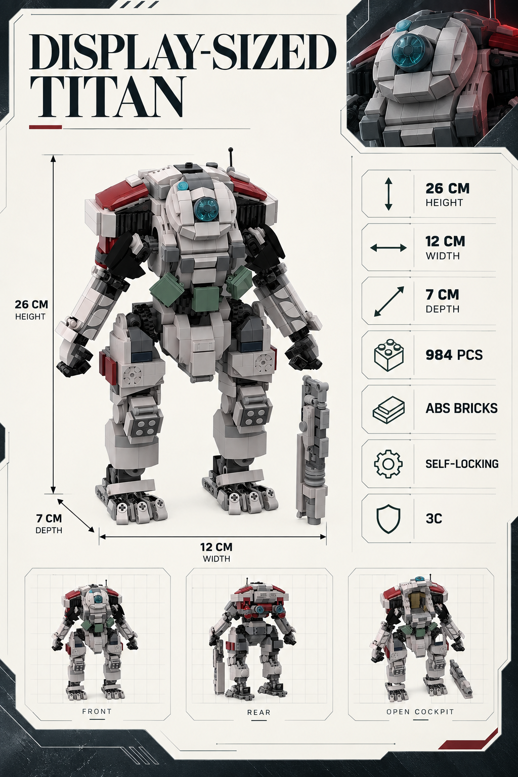 Scorch Titan brick model viewed from an angle that shows its broad stance and layered armor