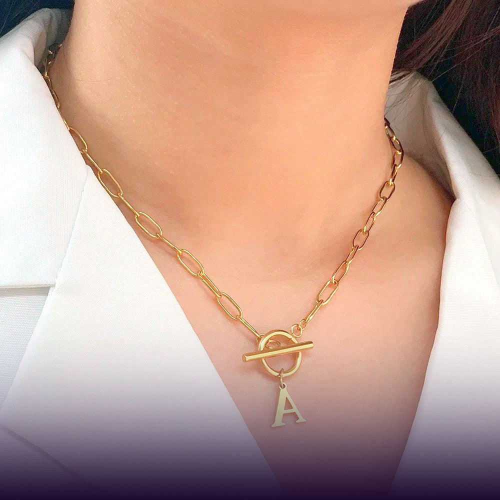 Paperclip Letter Initial Circle Lock Clasp Necklace