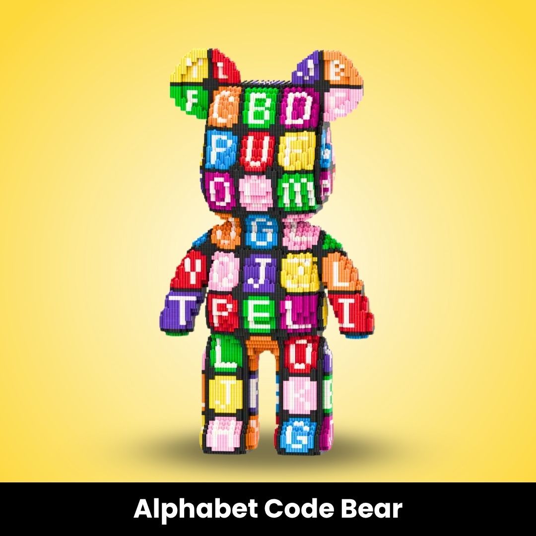 Completed 3,600-piece giant brick bear used as colorful display decor