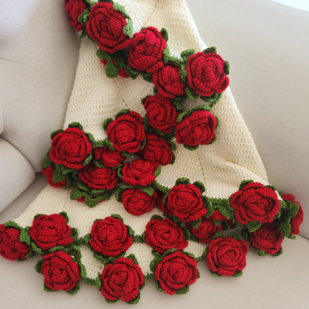 Valentines Day Day Gift,Gifts for Girlfriend,Teachers,Friends,Handmade Crochet Rose Blanket,Soft Sofa and Bedroom Blanket