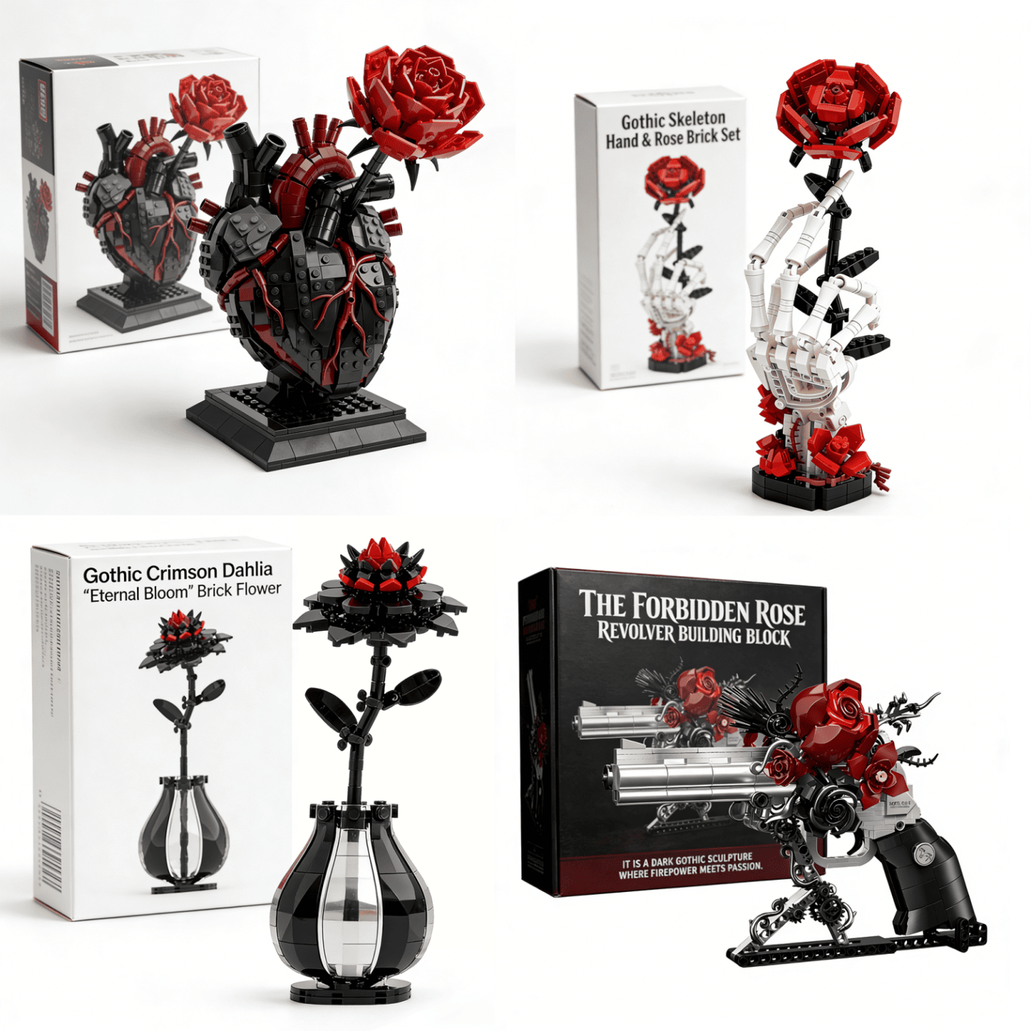 Gothic Skull Red Rose Bouquet Building Block Set