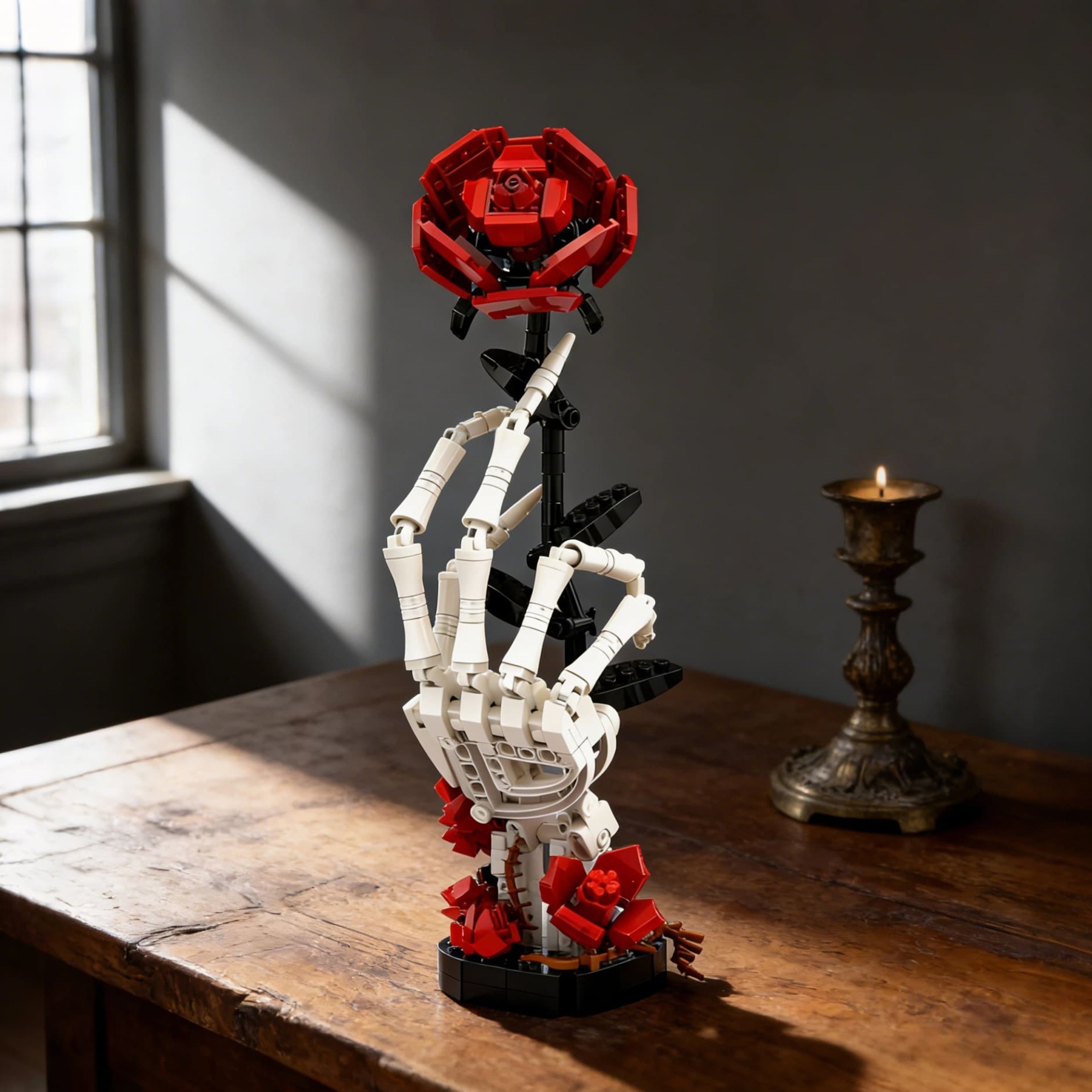 Midnight Rose | Giant Buildable Brick Flower Sculpture & Gothic Decor