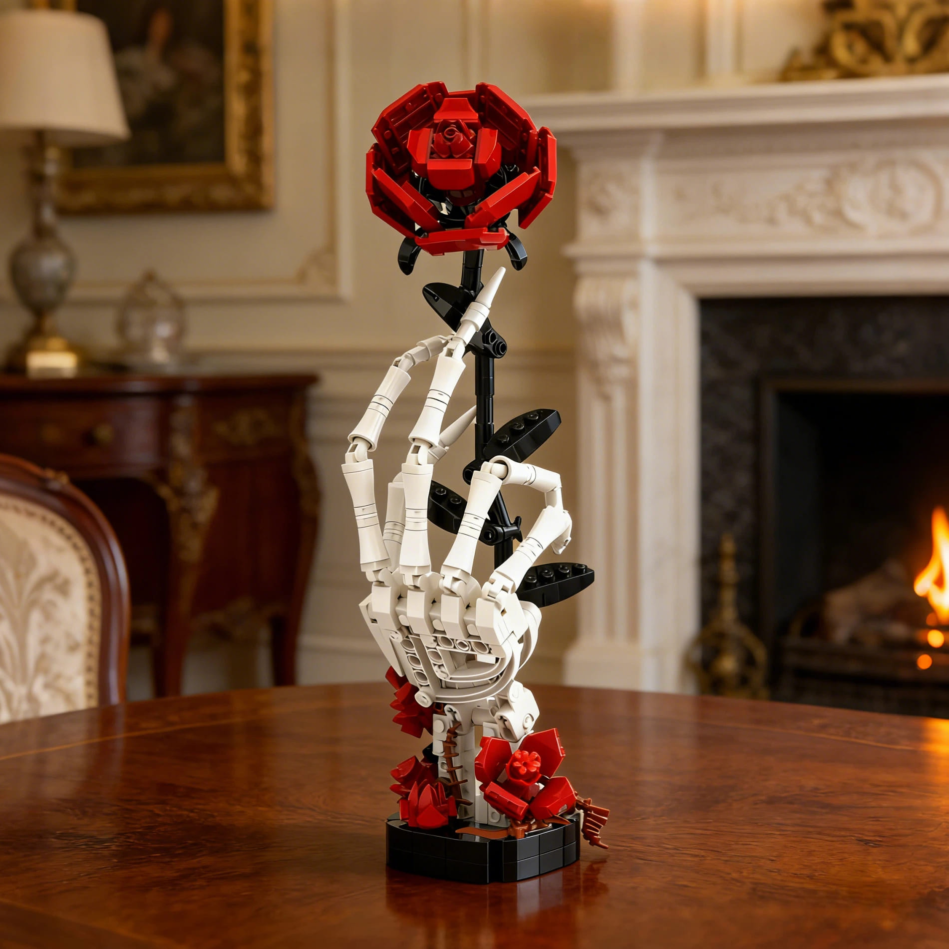 Midnight Rose | Giant Buildable Brick Flower Sculpture & Gothic Decor