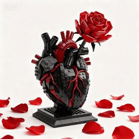 Gothic Flaming Heart Rose building brick set with dark red and black colors
