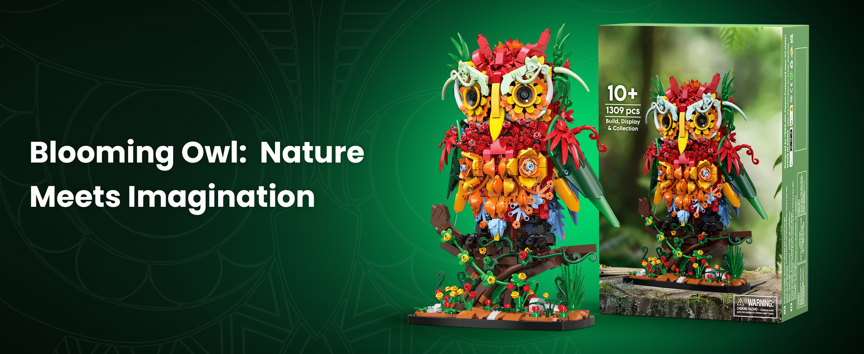 Owl flower building set emerald green edition for desk decor