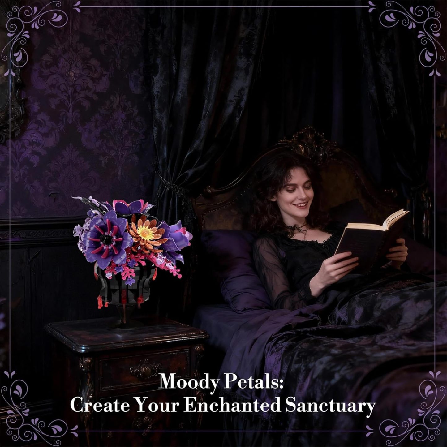 Elegant purple botanical bouquet block set buildable floral decor