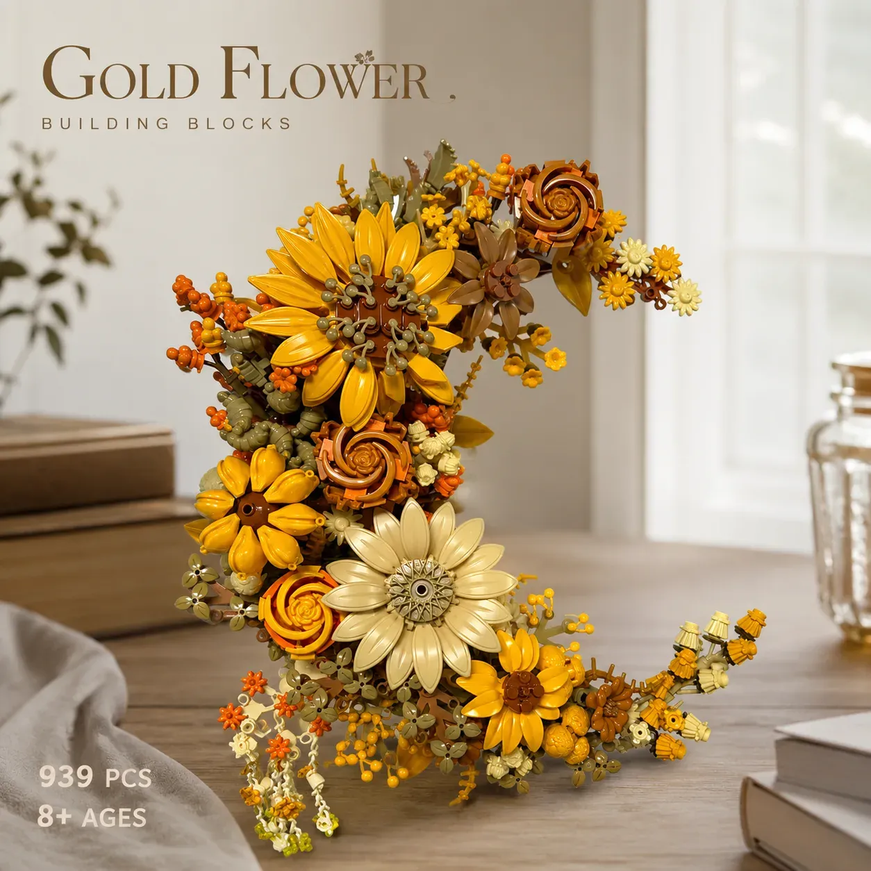  Gold Flower Building Set – Elegant Botanical Display Model