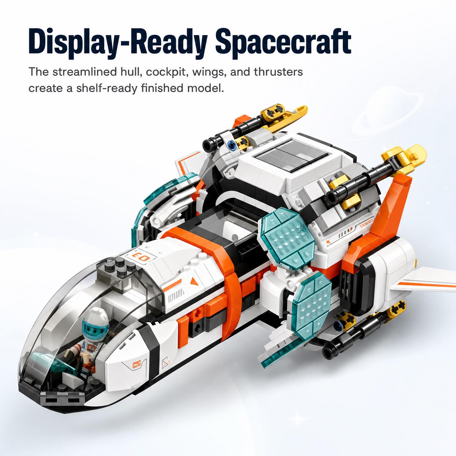 Two astronaut figures included with the modular spaceship building set