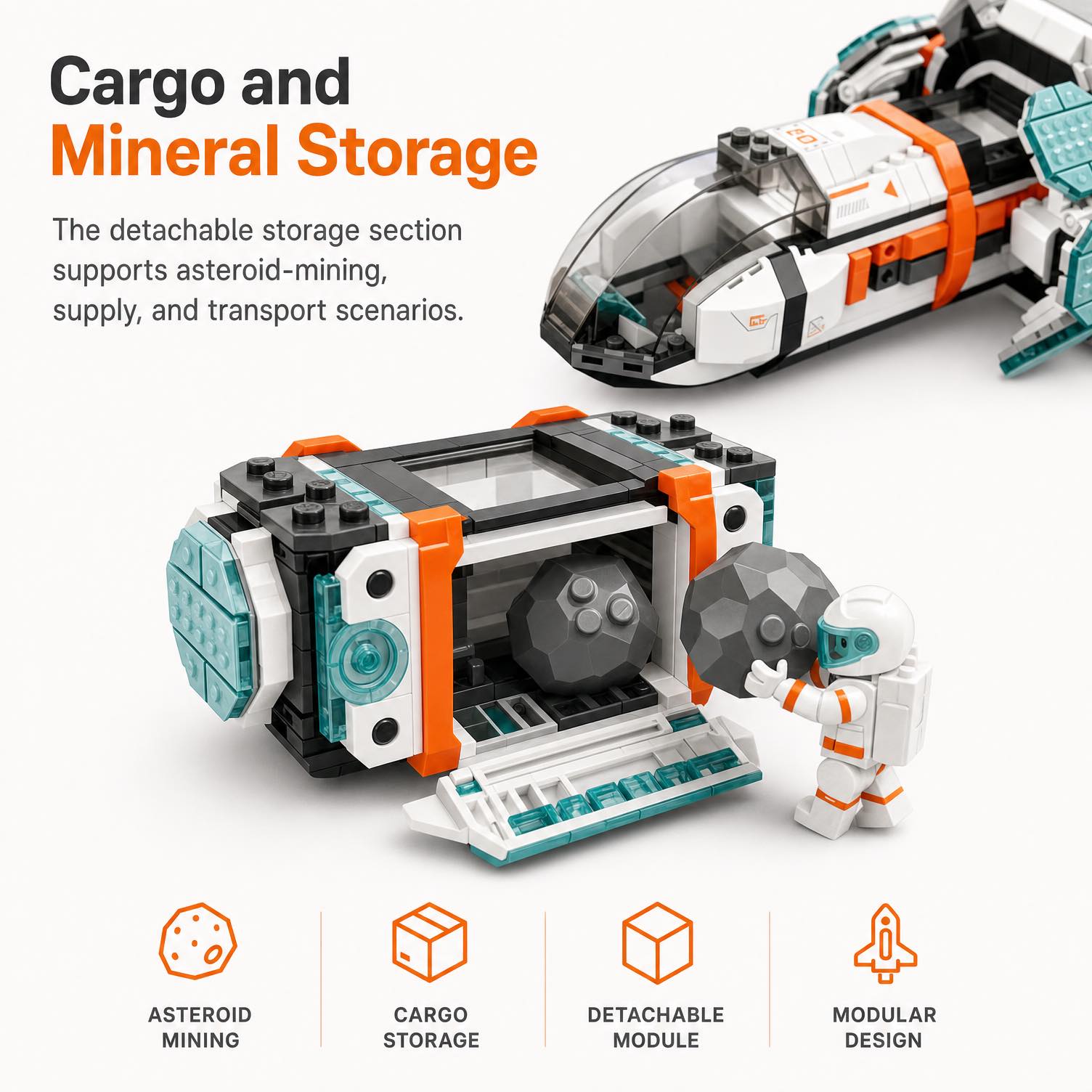 944-piece modular spaceship building set with detachable modules and two astronaut figures
