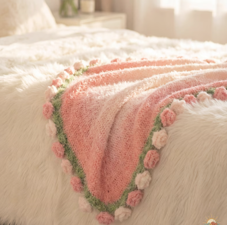 Handmade Crochet Rose Blanket, 3D Flower Plush Throw, Pink Floral Fleece Blanket,Romantic Aesthetic Room Decor, Gift for Her, Birthday Gift