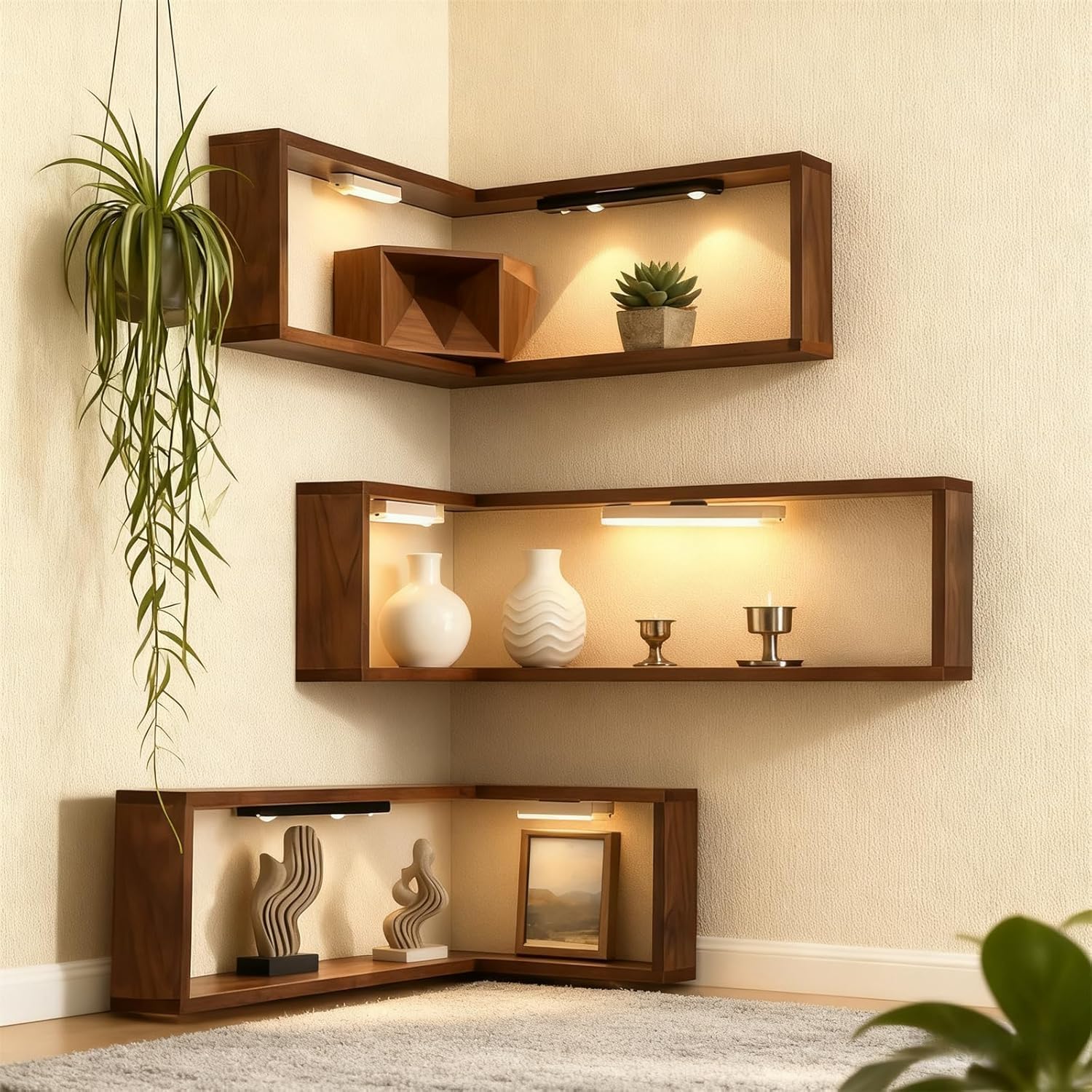 Illuminated Floating Corner Shelves for Collectibles (Smart LED Edition)-北京欧布科技有限公司