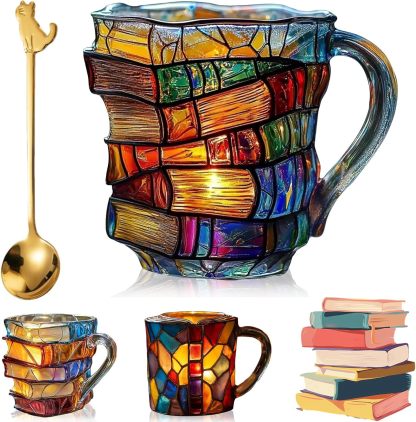 Painted Book Mug,3D Book Stack Coffee Mugs,Unique Design Library Coffee Mug, Add a Wonderful Literary Flair to Your Beverage, Collection Gifts for Literature Lovers (A-1PCS)-北京欧布科技有限公司