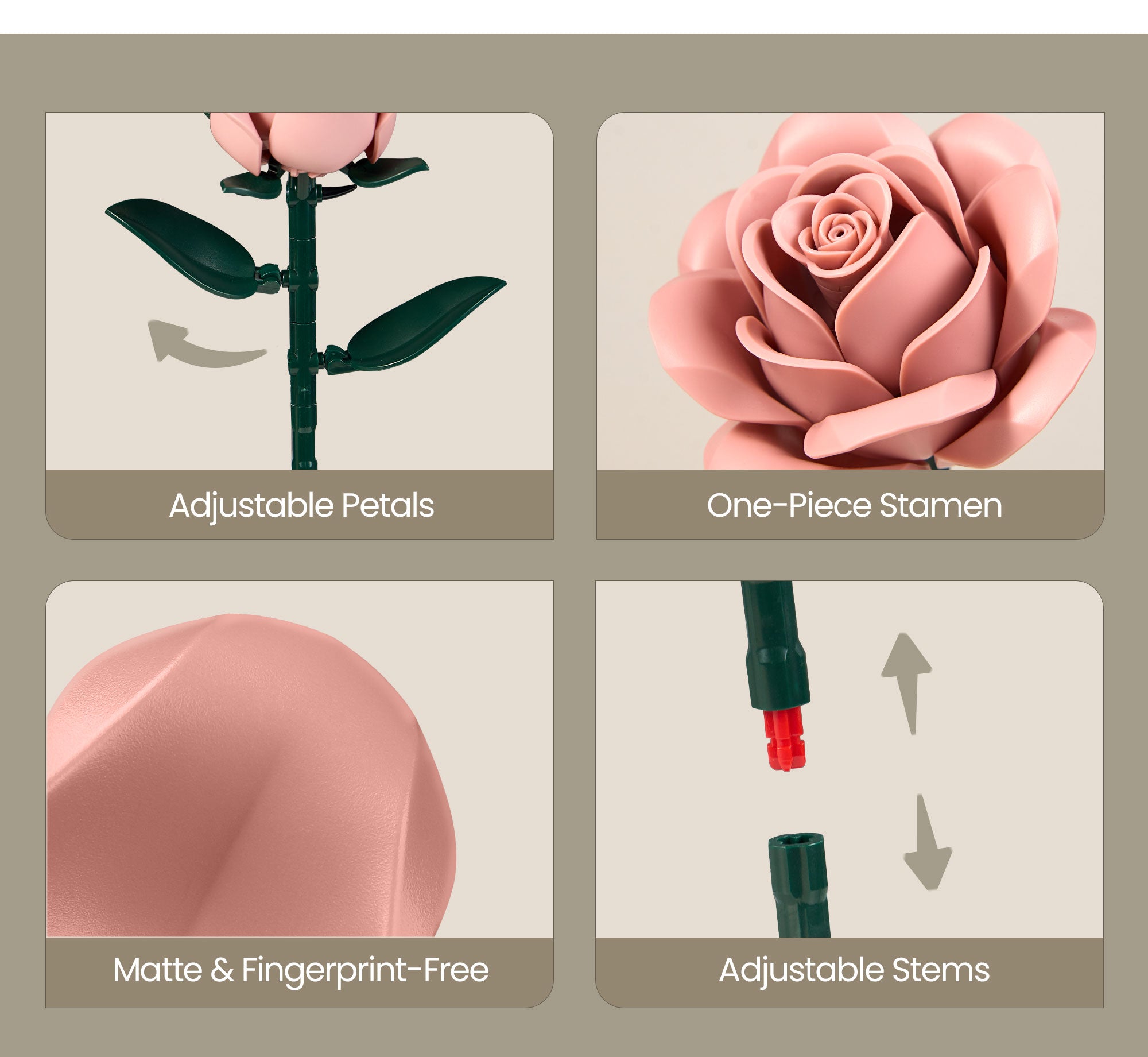 Adjustable stems and movable leaves on the dusty pink rose building block bouquet