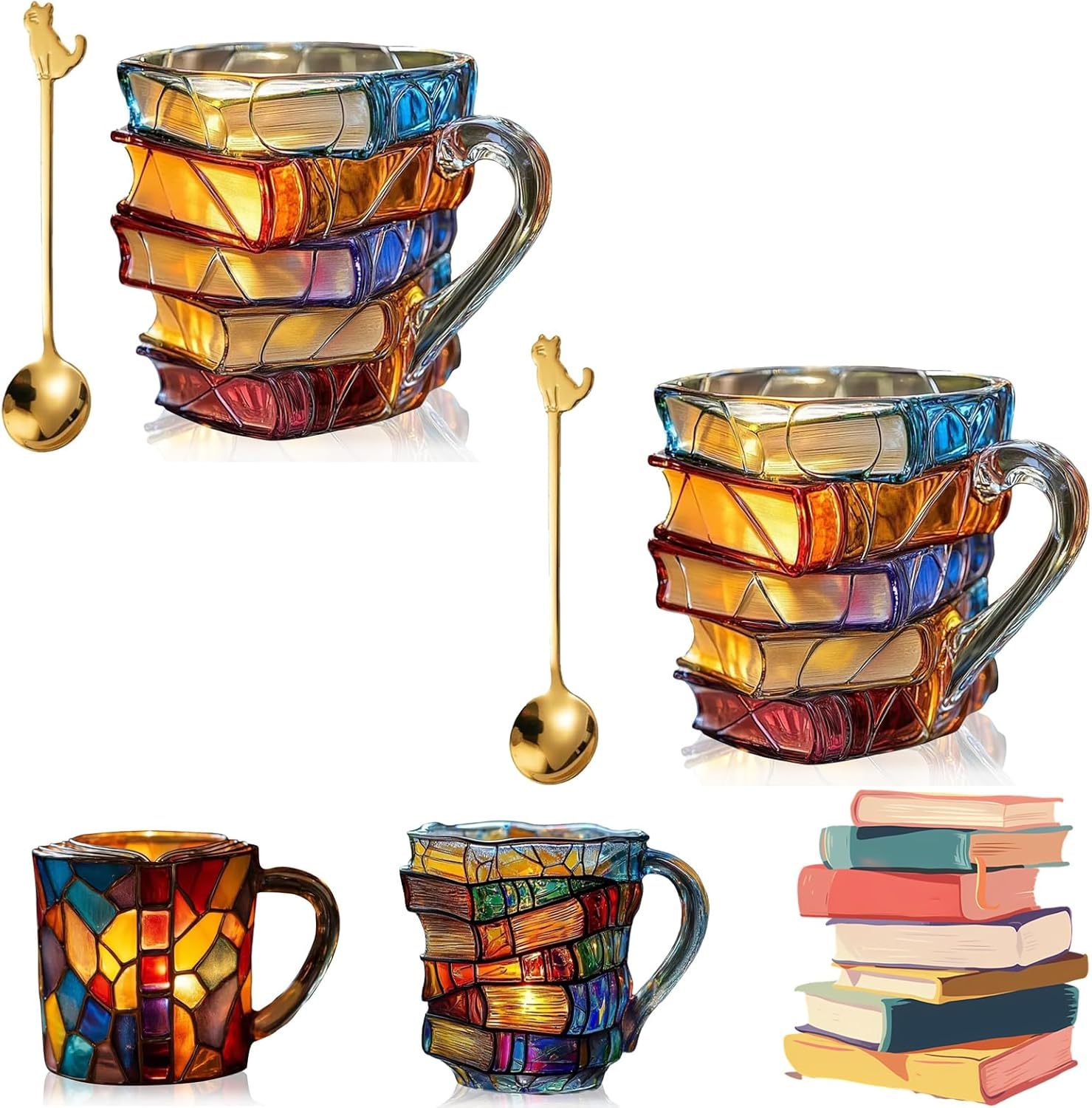 Painted Book Mug,3D Book Stack Coffee Mugs,Unique Design Library Coffee Mug, Add a Wonderful Literary Flair to Your Beverage, Collection Gifts for Literature Lovers (A-1PCS)-北京欧布科技有限公司