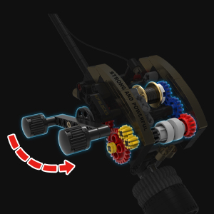 Close-up of the reel crank used to rotate the fishing rod model mechanism
