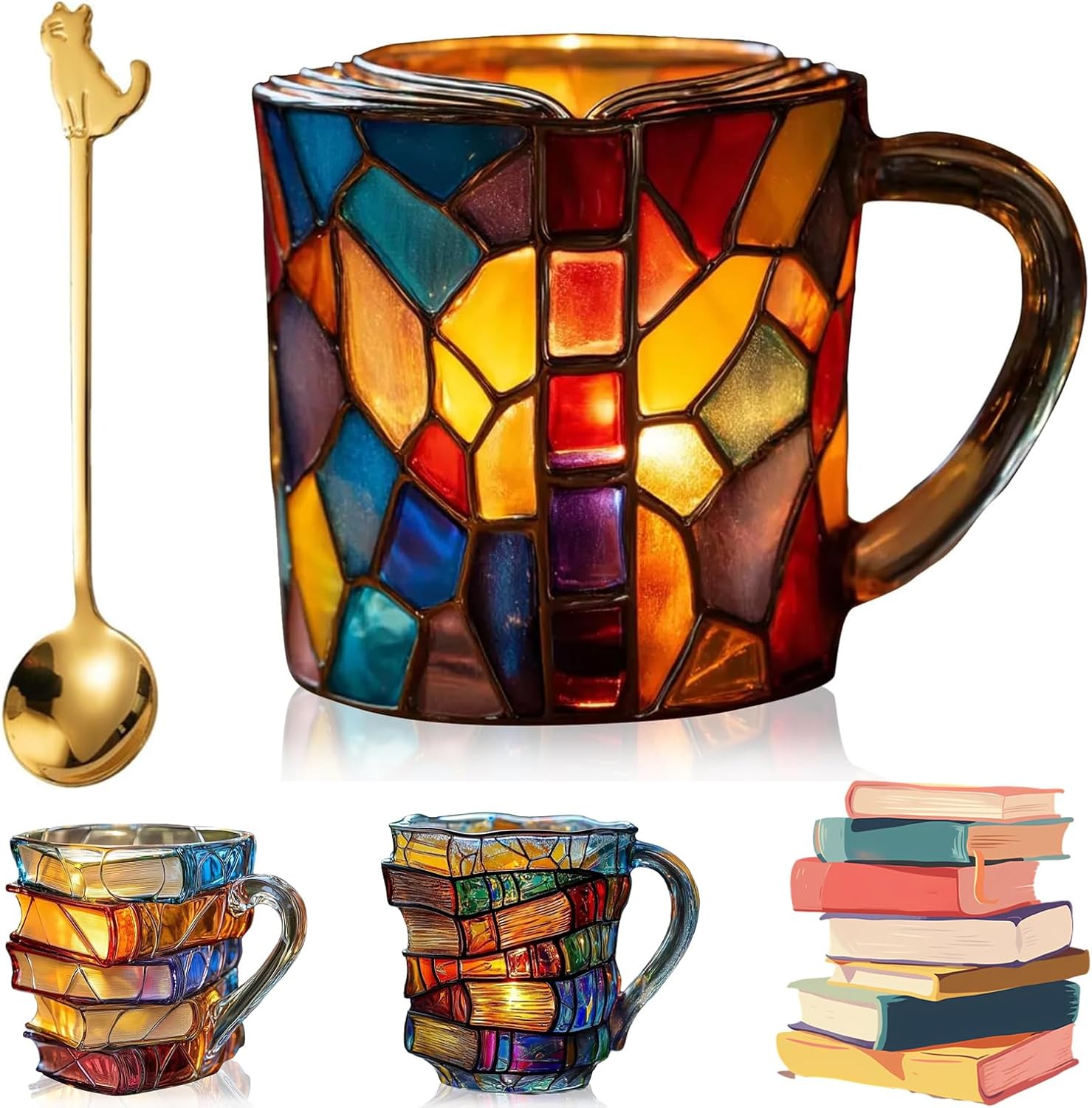 Painted Book Mug,3D Book Stack Coffee Mugs,Unique Design Library Coffee Mug, Add a Wonderful Literary Flair to Your Beverage, Collection Gifts for Literature Lovers (A-1PCS)-北京欧布科技有限公司