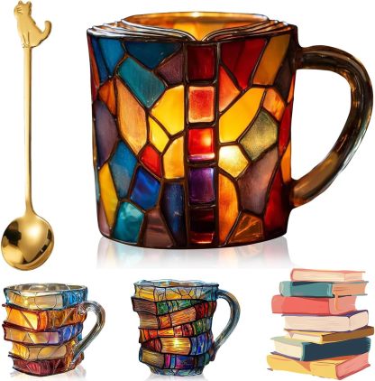 Painted Book Mug,3D Book Stack Coffee Mugs,Unique Design Library Coffee Mug, Add a Wonderful Literary Flair to Your Beverage, Collection Gifts for Literature Lovers (A-1PCS)-北京欧布科技有限公司