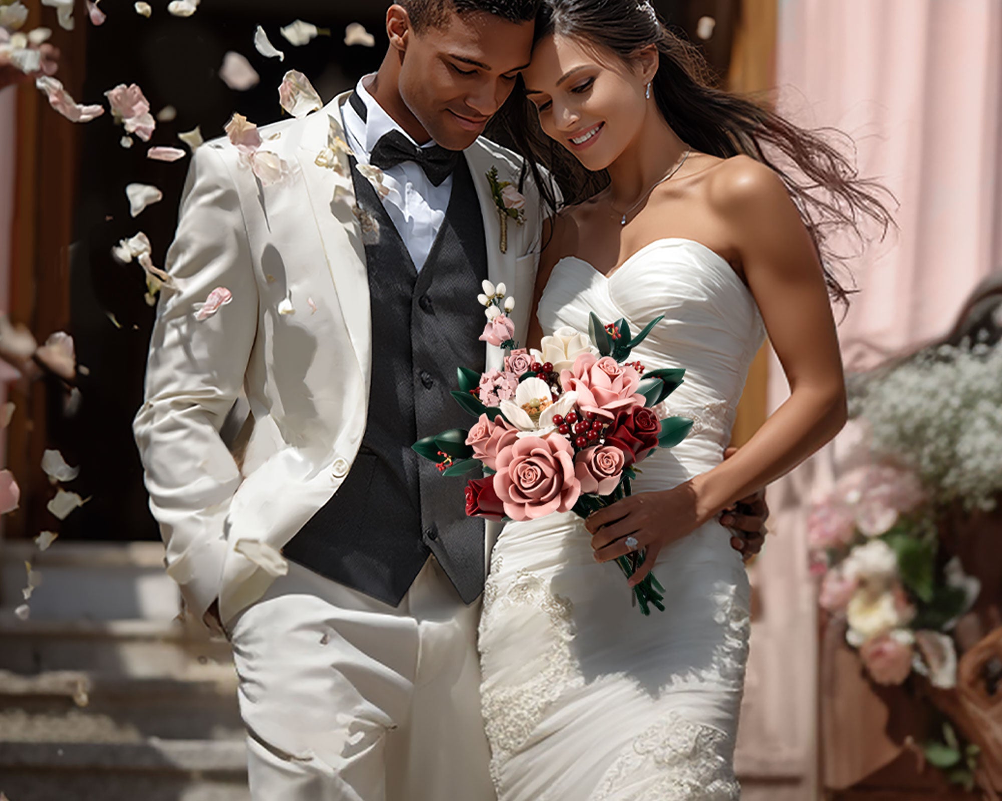 Dusty pink rose bouquet building set presented as a romantic flower gift