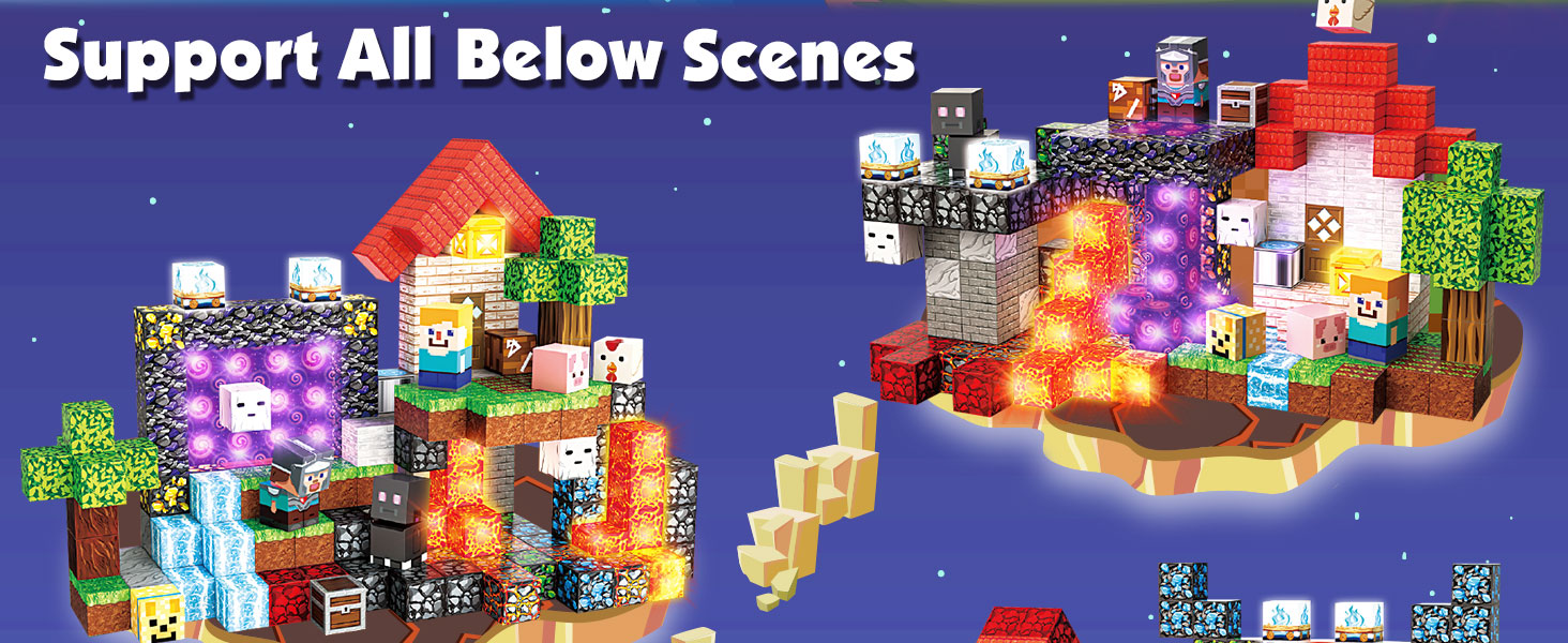 Fantasy houses, waterfalls and glowing portals built with magnetic building cubes