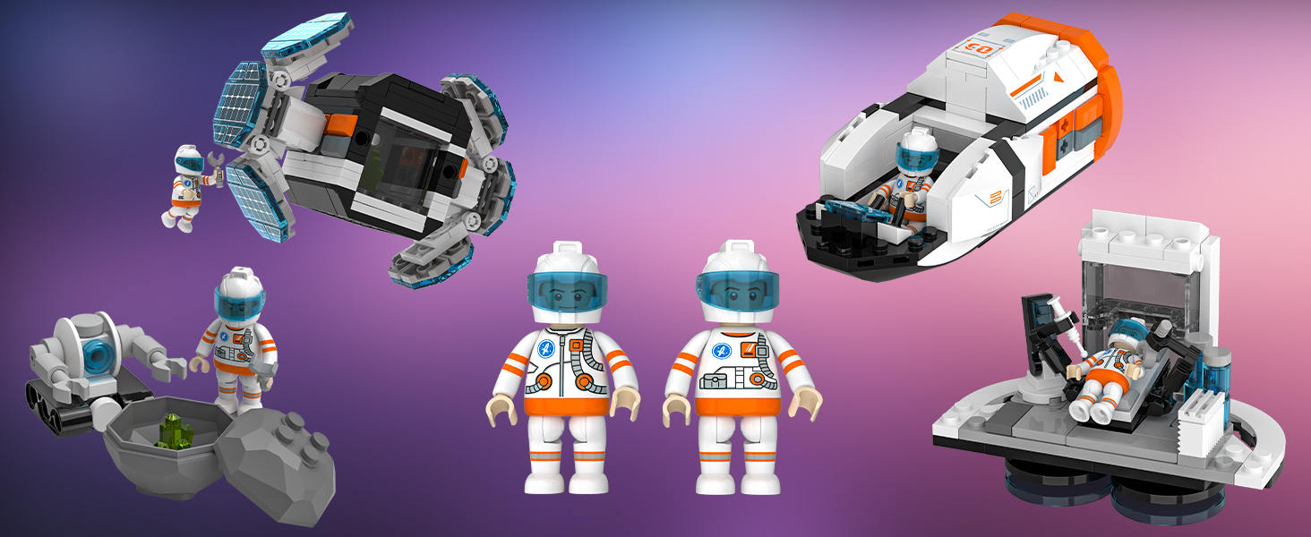 Spaceship building blocks set with two astronaut minifigures for space mission play