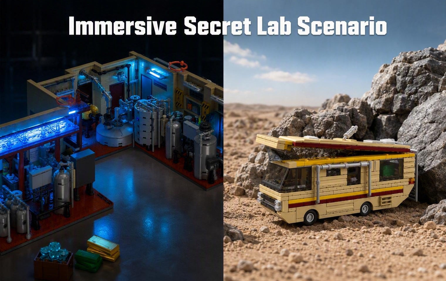 Beige camper van with removable roof and miniature laboratory interior
