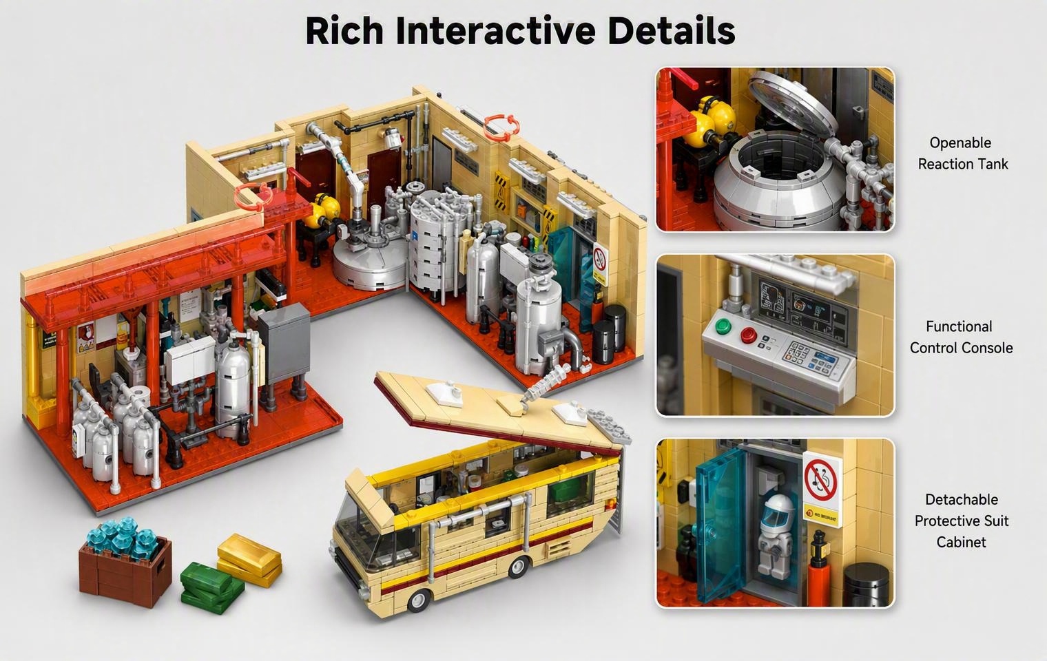 Openable reaction tank, monitoring controls and pipework in the chemistry laboratory model