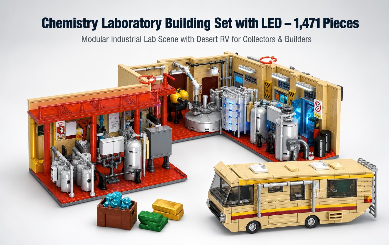 Complete 1,471-piece chemistry laboratory building set with LED and camper van