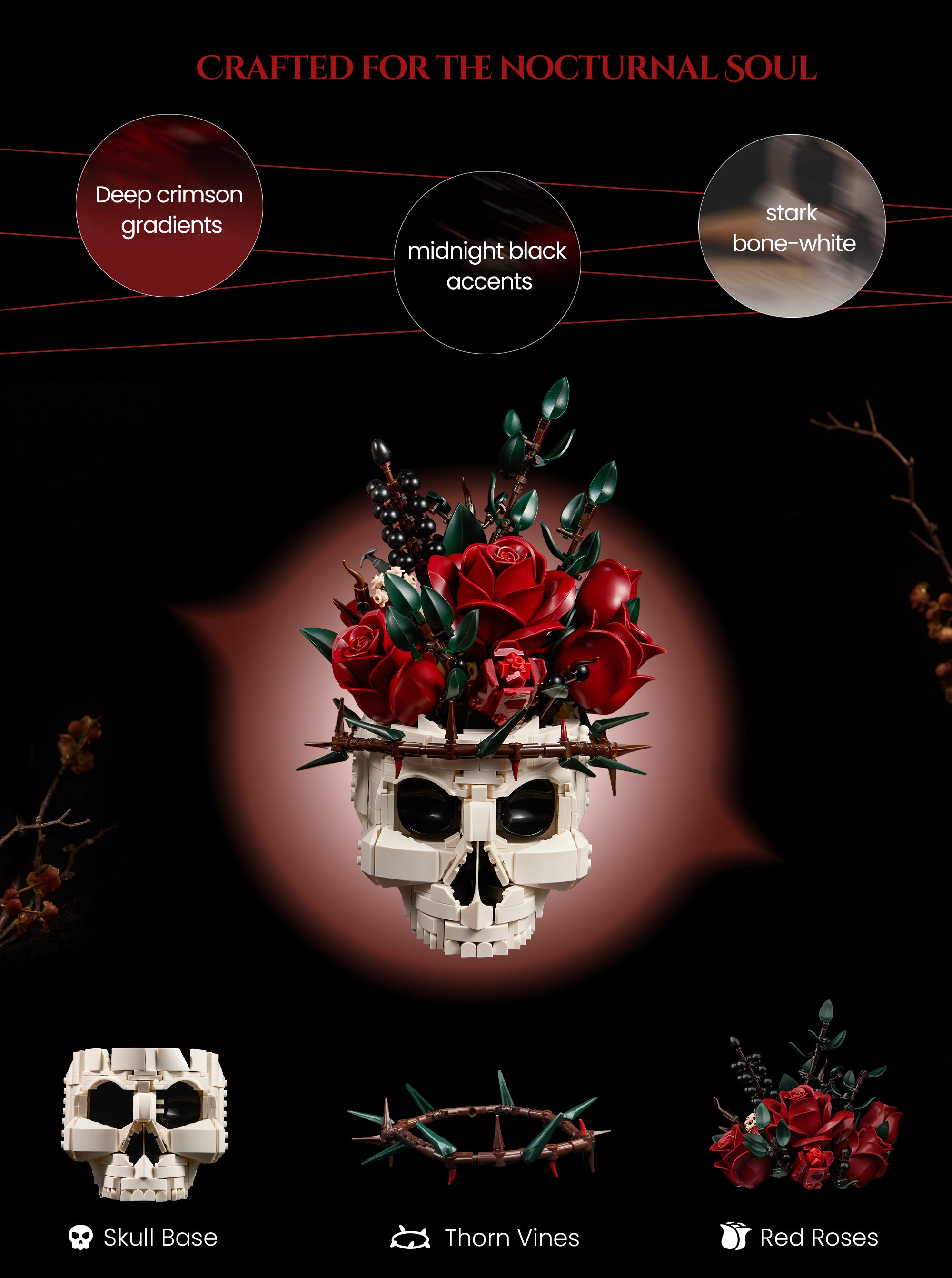 Gothic skull rose bouquet building blocks with crimson rose details