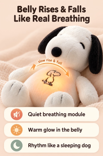 Close product view explaining the moving belly mechanism inside the Breathing Snoopy plush