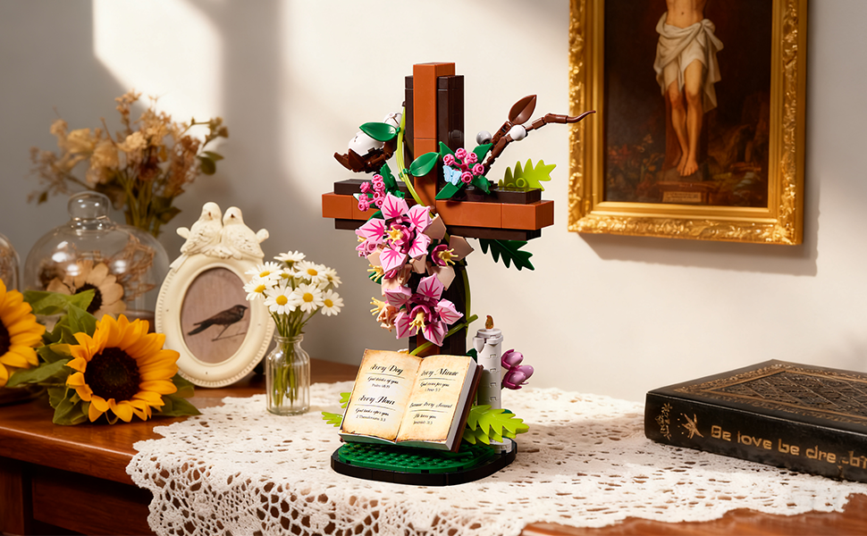 Christian cross flower building set presented as a religious gift for women and adults